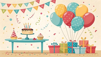 Obraz premium Vibrant birthday celebration with cake and balloons