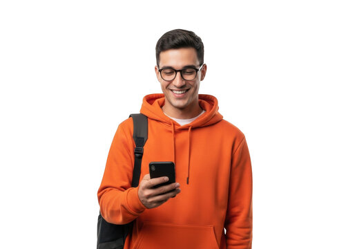 Young man smiling while using smartphone isolated on transparent background
