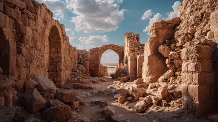Ancient Ruins of a Biblical City with Broken Walls and Scenic Sky