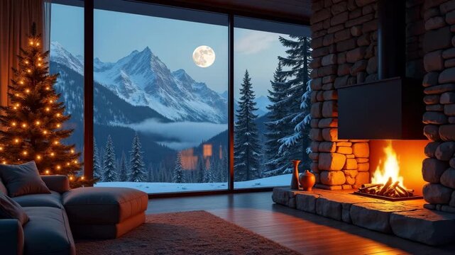Enjoying a winter evening by the fireplace with snow-capped mountains and a full moon outside the window during the holiday season