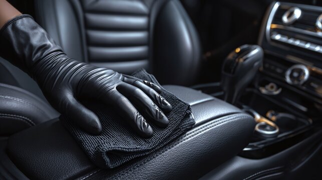 Detail shot of a hand in a black glove wiping down a black leather car interior with a cloth. Maintenance is important for keeping a car fresh, clean, and luxurious.