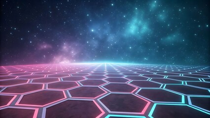 Vibrant neon hexagonal grid under starry night sky with bright light