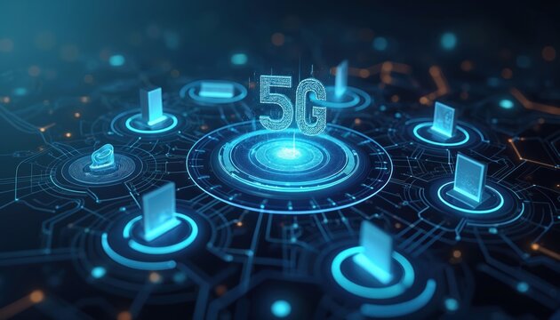 Abstract digital network graphic with glowing 5G symbol at center. Connected nodes pulsate with light, suggesting data transfer and communication systems. Technology theme background art. - Powered by Adobe