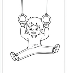 Cartoon child, gymnastics rings, athletic pose, smiling kid, split position, sports illustration, playful exercise, indoor activity, strength, flexibility, joy