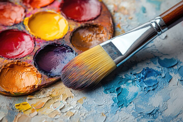 Elegant Studio Shot Featuring Oil Paints and Classical Paintbrush on Palette