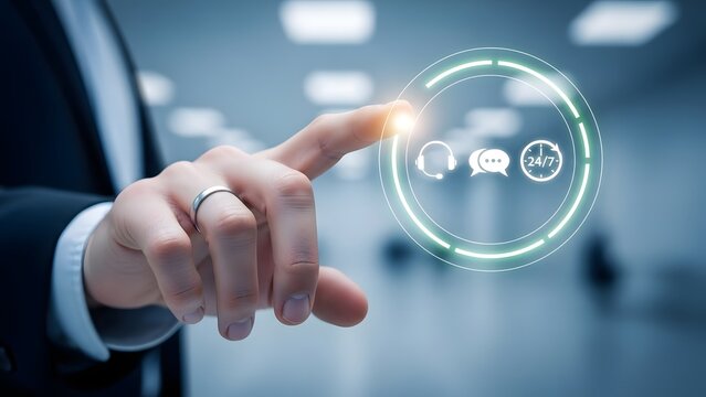 Businessman touches digital interface with communication icons - Powered by Adobe