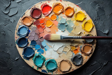 Elegant Studio Shot Featuring Oil Paints and Classical Paintbrush on Palette