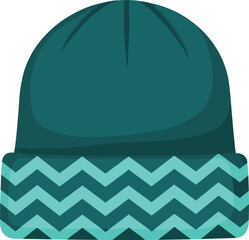 Winter beanie hat, dark teal color, zigzag chevron brim, cozy knitwear, seasonal fashion accessory, flat vector illustration