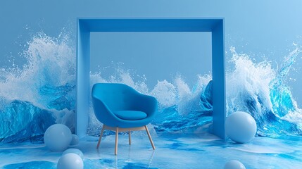 An armchair in a room being flooded by waves.