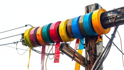 Array of Colorful Electrical Tape Securing Network Connections on Utility Pole