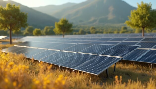 Vast solar panel farm stretches across grassy field towards distant mountains. Clean energy generation captures sunlight for sustainable power. Future tech for eco-friendly electricity.