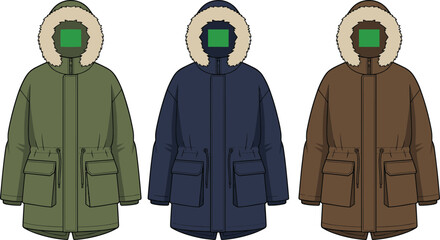 Winter parkas comparison, fur-lined hoods, zipper front, flap pockets, olive green, navy blue, brown, flat vector illustration © Creative _design