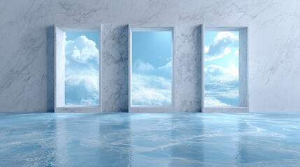 A rough, textured light gray or white marble wall. Used to promote high-rise penthouse views, and innovative architectural projects.