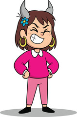 Cartoon girl, gray horns, pink outfit, confident pose, flower hair clip, hoop earrings, smiling face, fantasy style, vector art, playful character