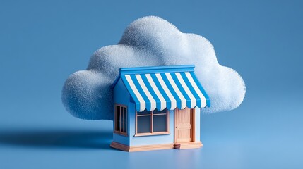 A tiny shop or storefront with colorful walls and a striped awning.