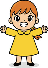 Cartoon girl, red ponytail, yellow dress, smiling child, open arms, cheerful pose, vector illustration, cute character, education, playful art