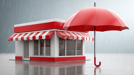 A tiny shop or storefront with colorful walls and a striped awning.