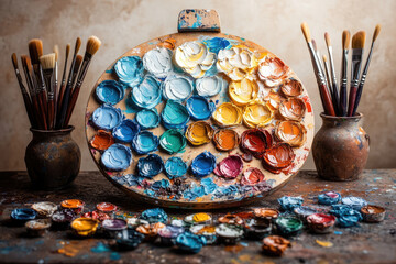 Refined Artistic Shot with Detailed Brushes and Vibrant Oil Paints on Palette