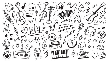 Music & Rock Vector Set – Hand-Drawn Doodles, Punk Fire & Lightning Elements, Festival Posters, Guitar & Mic Icons, Retro Disco, Vintage Sound & Concert Illustrations