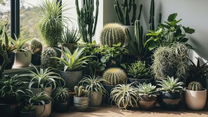 Abundance of potted cacti and succulents by window, bright, indoor