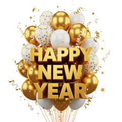 Happy new year isolated on transparent background with balloons and confetti
