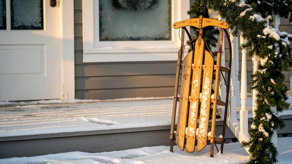 An Old sled with snow dust decorates a front porch for the holidays, a cozy image for winter home decor blogs.