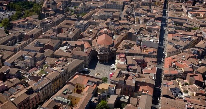 Aerial view of the Bellini Theater, located in the historic center of Catania, Sicily, Italy. It is the city's most important and oldest theater. The facade overlooks the square of the same name.