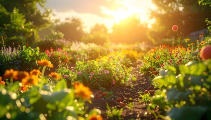 Obraz premium Bountiful Garden Bursting with Flowers and Vegetables in Sunlight