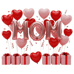 Mom foil balloons, heart balloons, and gift boxes isolated on transparent background