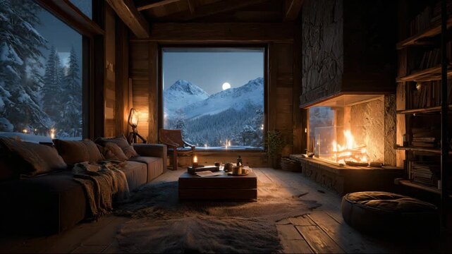 Cozy winter evening in a cabin with a view of snow-covered mountains and a warm fireplace