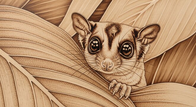 Pyrography art of cute sugar glider possum peeking from tropical leaves on wood texture
