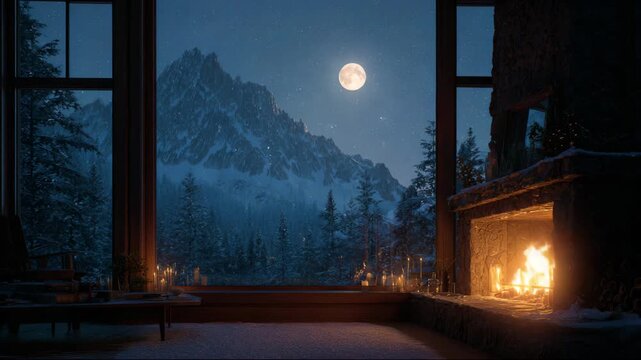 Warm fire burns in a cozy cabin while snow falls outside under a full moon in the mountains at night