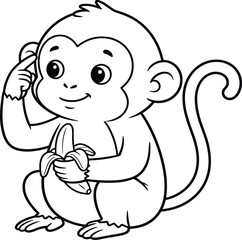 Cartoon monkey, black and white drawing, banana sketch, thinking pose, cute animal art, children coloring page, jungle character, playful primate, educational image, fun illustration