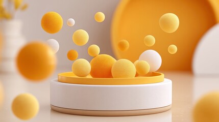 A display pedestal with fuzzy colorful spheres.