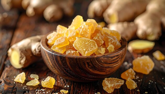 Candied Ginger Pieces in Wooden Bowl