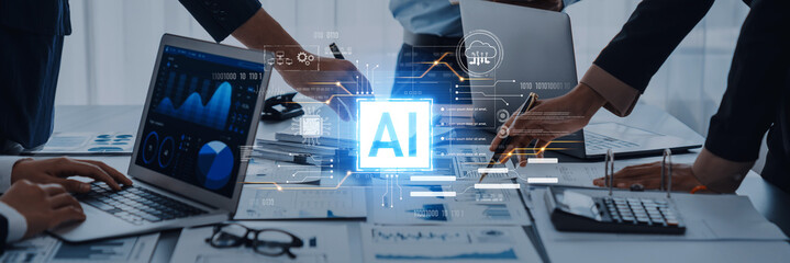 A dynamic team collaborates on an artificial intelligence project, showcasing modern technology, data analysis tools, and innovative ideas in a professional office environment. Trope