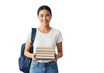 Smiling student holding books isolated on transparent background
