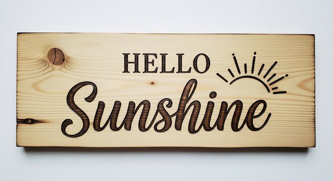 Wooden sign with hello sunshine text and sun symbol burned on light wood board texture