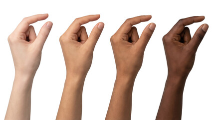 Diverse hands pinching. Various skin tones holding invisible object on white.