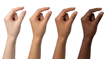 Diverse hands pinching. Various skin tones holding invisible object on white.