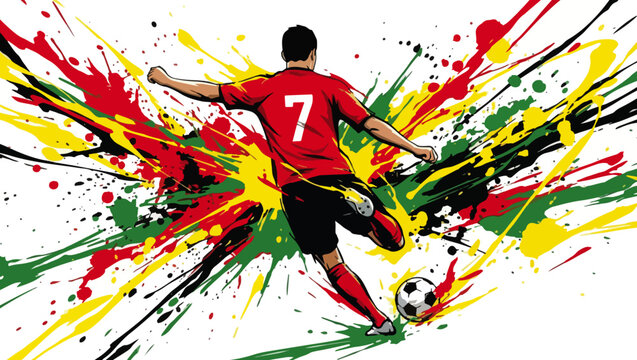 Anonymous Soccer Player Splash Art, Anonymous Soccer Player Splash Art, soccer player illustration, anonymous footballer, back view athlete, dynamic soccer action, red uniform player, CR7, Cristiano, 
