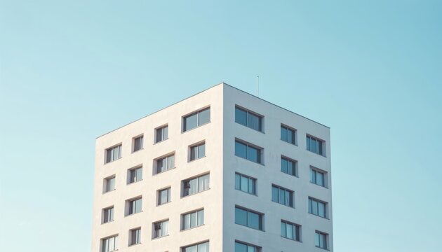 Modern building facade with many windows against clear blue sky backdrop. Simple geometric architecture, light beige exterior, clean lines showcase contemporary design.