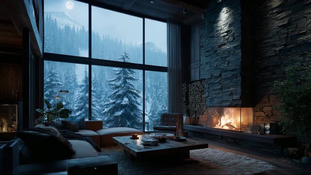 Cozy winter evening in a mountain cabin with a view of snow-covered trees and a warm fireplace