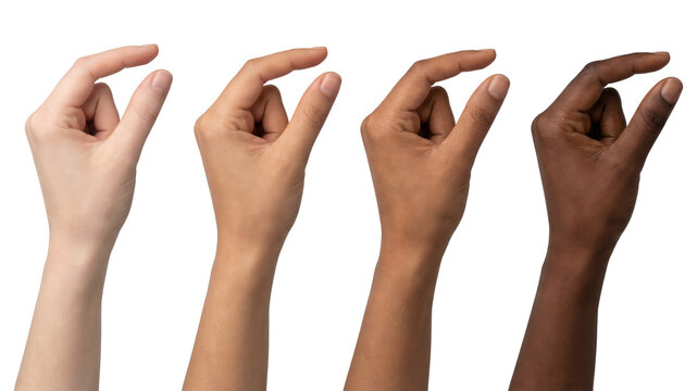 Diverse hands pinching. Various skin tones holding invisible object on white.