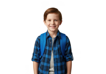 Young boy in blue plaid shirt smiling isolated on transparent background