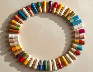 Obraz premium Colorful Pharmaceutical Capsules Arranged in a Semicircle