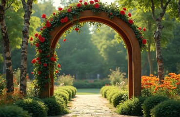 Obraz premium Wooden garden arch with red roses frames a path through lush green shrubs and orange lilies. Birch trees flank the walkway leading into a verdant park.