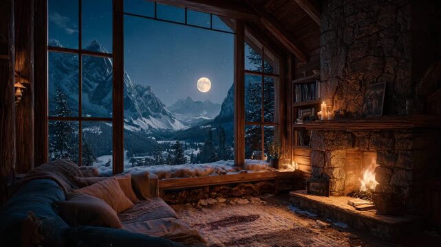 Cozy cabin at night with moonlight shining over snowy mountains and warm fire