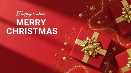 Happy season merry christmas greeting card with red gift boxes and gold stars