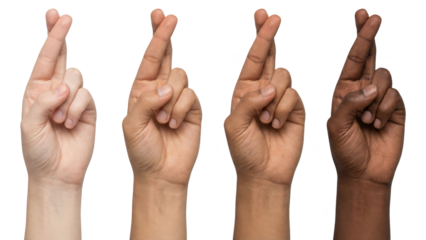Diverse Hands Crossing Fingers for Good Luck on White Background